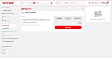 Tela de deposito de 1 real superbet